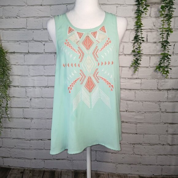 UMGEE USA TANK TOP BLUE TEAL COLOR EMBROIDERED AZTEC DESIGN SIZE LARGE - Picture 1 of 9